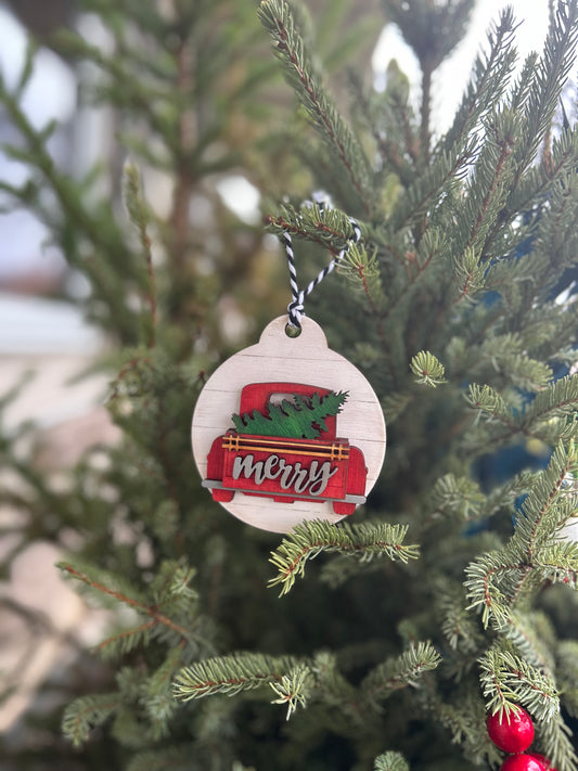Red Truck with 'merry' Christmas Ornament